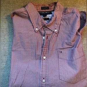 Men’s red and white pinstripe dress shirt, Tommy Hilfiger, business shirt